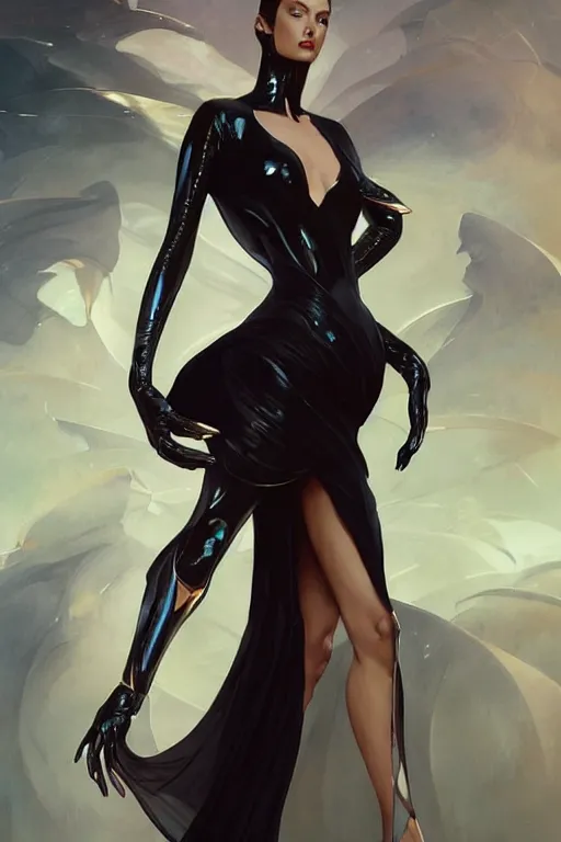 Image similar to elegant high fashion thierry mugler gown aeon flux profile picture by greg rutkowski, dynamic pose, intricate, futuristic, fantasy, elegant, by stanley artgerm lau, greg rutkowski, thomas kindkade, alphonse mucha, loish, thierry mugler, norman rockwell,