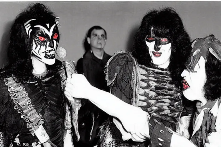 Prompt: 1 9 3 0 s photograph of paul stanley and gene simmons wearing terrifying handmade halloween costumes