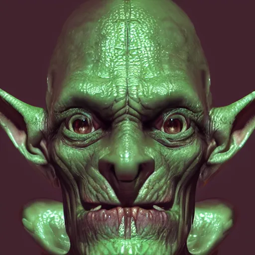 Image similar to glistening slimy ugly goblin, shadowy lighting, very detailed, 4 k, portrait