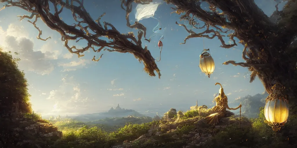 Prompt: wind deity enjoying the view from his stone heavenly palace, decorated with windchimes and paper lanterns, stunning nature and clouds in background, digital art, detailed, by greg rutkowski