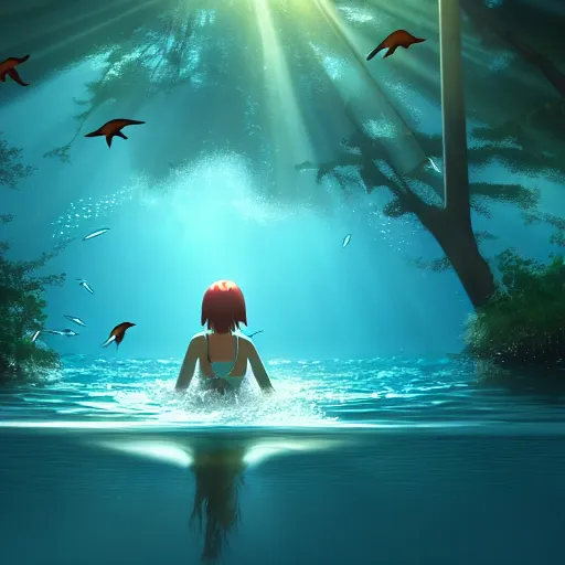 Image similar to young girl swimming in underwater forest with birds, light rays through water, sharp focus, Miyazaki, Makoto Shinkai, Highly Detailed, Cinematic Lighting, 8k, HD