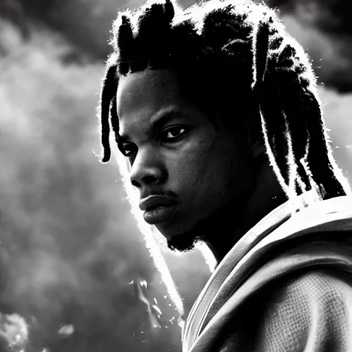 Image similar to cinematic film still Denzel Curry starring as a Samurai holding fire, Japanese CGI, VFX, 2003, 400mm lens, f1.8, shallow depth of field,film photography