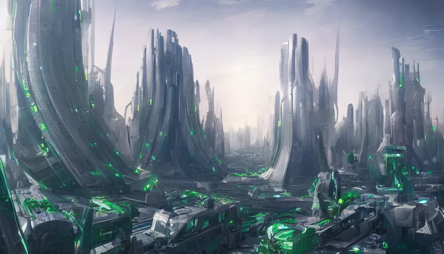 Prompt: Futuristic city with a big green lake and a huge statue in the center and bright white buildings all around, hyperdetailed, artstation, cgsociety, 8k