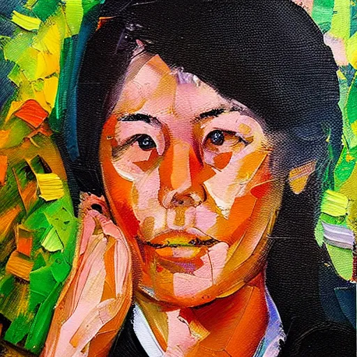 Image similar to pallet knife oil painting of a female asian police psychiatrist