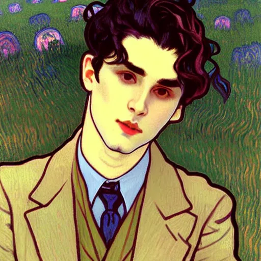 Image similar to painting of young cute handsome beautiful dark medium wavy hair man in his 2 0 s named shadow taehyung and cute handsome beautiful min - jun together at the graveyard party, ghostly, haunted gravestones, ghosts, autumn! colors, elegant, wearing suits!, clothes!, stylish, delicate facial features, art by alphonse mucha, vincent van gogh, egon schiele