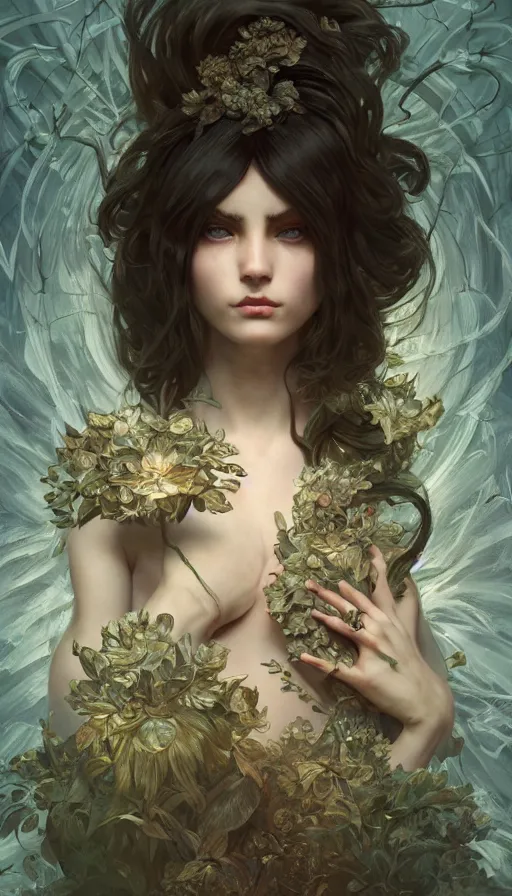 Image similar to dark twisted fairytale, fibonacci, sweat drops, insane, intricate, highly detailed, digital painting, artstation, concept art, smooth, sharp focus, illustration, Unreal Engine 5, 8K, art by artgerm and greg rutkowski and alphonse mucha