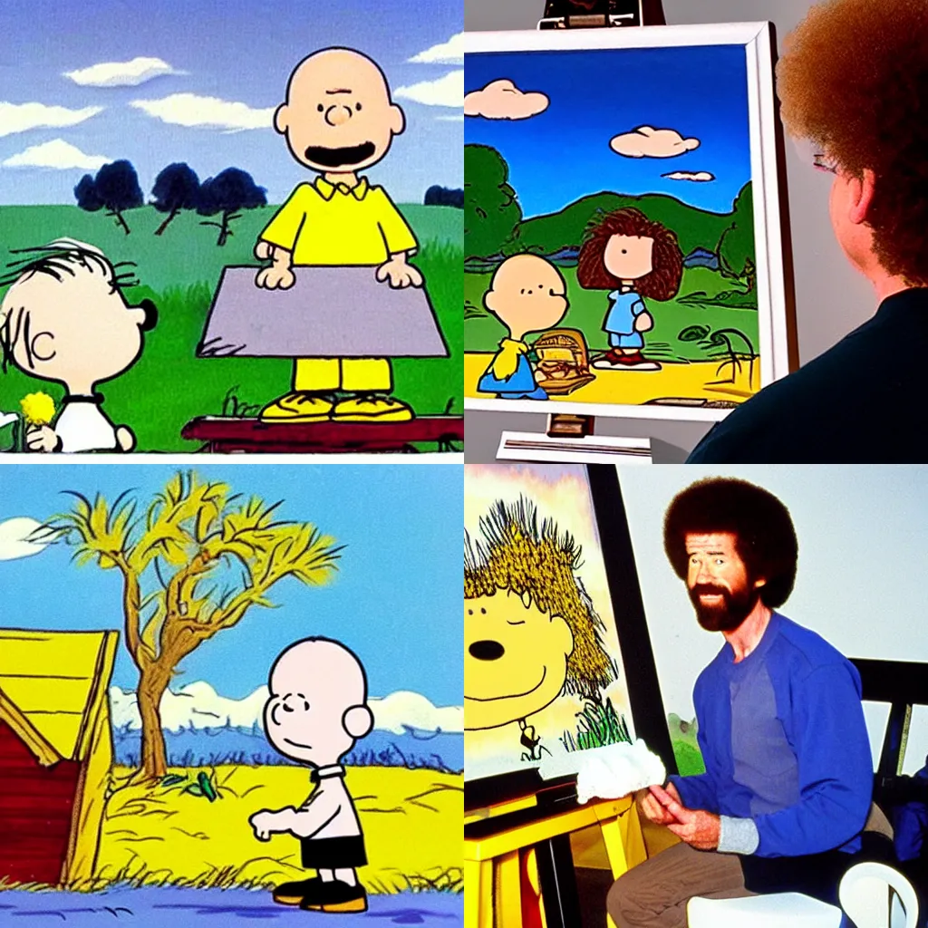 Image similar to Bob Ross painting a picture of Charlie Brown, tv show, 90s,