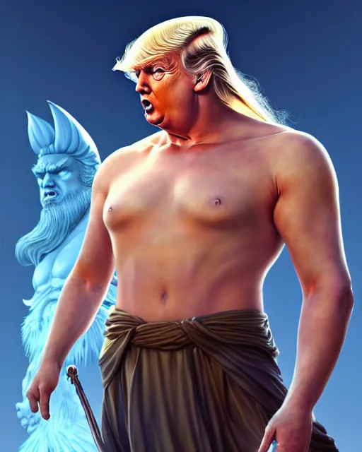 Image similar to character concept art of donald trump as poseidon in a dynamic pose | cute - fine face, pretty face, realistic shaded perfect face, fine details by stanley artgerm lau, wlop, rossdraws, james jean, andrei riabovitchev, marc simonetti, and sakimichan, tranding on artstation