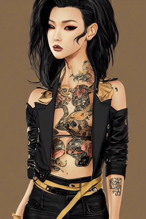 Image similar to yakuza slim girl, gold suit jacket in snake print, jacket over bare torso, yakuza tattoo on body, black short curtain haircut, black leather pants with black belt, elegant, 2d, ultra highly detailed, digital painting, smooth, sharp focus, artstation, art by Ilya Kuvshinov