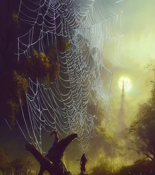 Image similar to highly detailed graffiti of spiderweb, stephen bliss, unreal engine, fantasy art by greg rutkowski, loish, rhads, ferdinand knab, makoto shinkai and lois van baarle, ilya kuvshinov, rossdraws, tom bagshaw, reflective global illumination, god rays, detailed and intricate environment