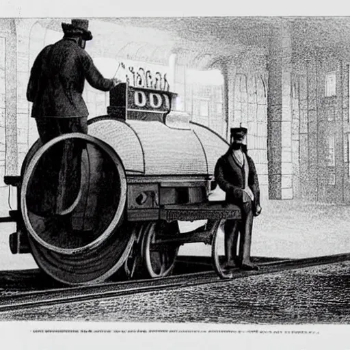 Prompt: archive photograph, 1856, train conductor uses a 3d printer on a steam engine