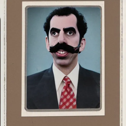 Image similar to borat running for president, vintage photograph, full image, realistic, damaged photograph