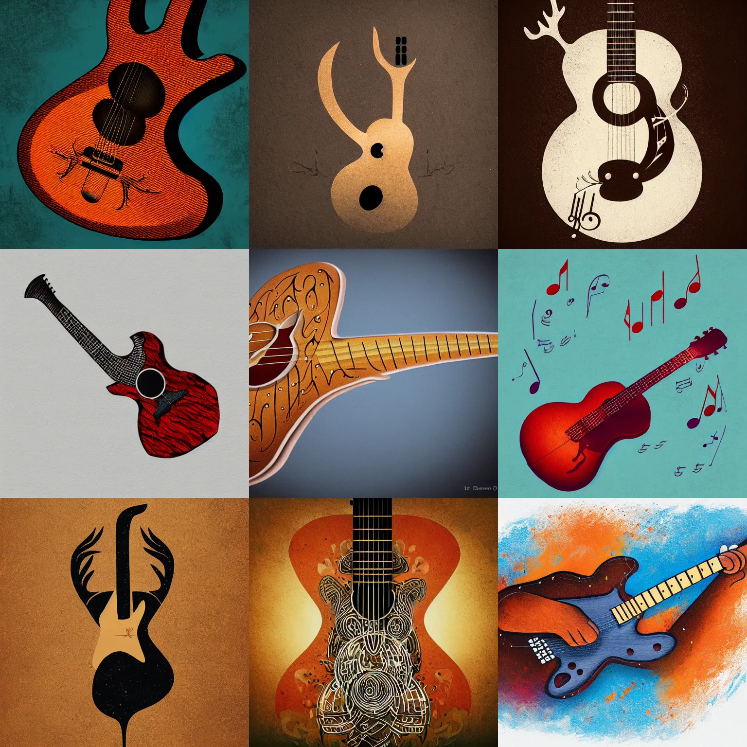 Image similar to , guitar in the shape of a deer, romantic, warm, musical notes, detailed, realistic, in the style of petros afshar