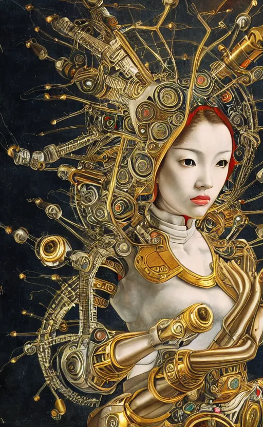 Prompt: beautiful mural of a young asian cyborg queen, piercing glowing robot eyes, elegant, striking composition, highly detailed ornate sci fi background, mural in the style of sandro botticelli, caravaggio, albrecth durer, 8k