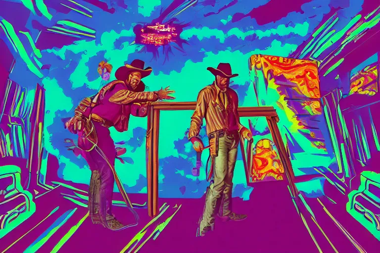 Image similar to an old western cowboy opening a portal to another dimension, psychedelic, vaporwave, synthwave, retro, digital art, acrylic, detailed,