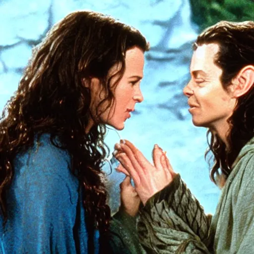 Prompt: lorelai gilmore in lord of the rings kissing gollum