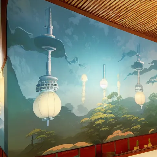 Image similar to white paper lanterns wall mural of Yakasa Temple Kyoto by Studio Ghibli, Andreas Rocha, Neil Blevins, Nausicaa - C 10