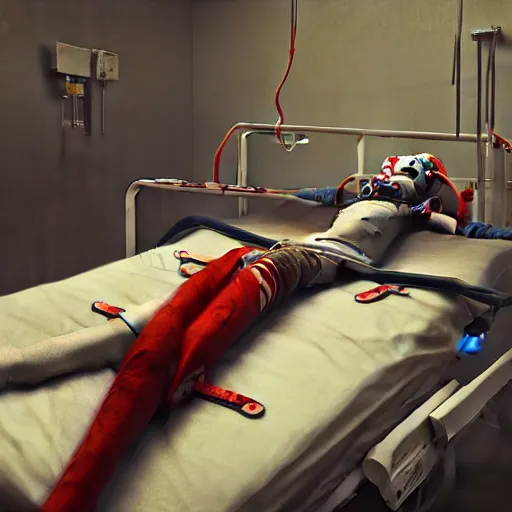 Image similar to crazy clown lying in hospital bed with wrist restraints on, restraints straps attached to hospital bed siderails, greg rutkowski, photograph, 8 k