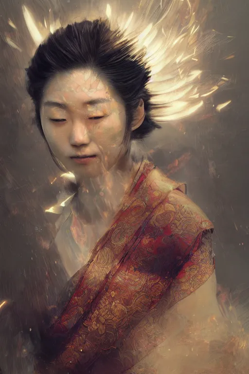 Image similar to Japanese god, portrait, powerfull, intricate, elegant, volumetric lighting, scenery, digital painting, highly detailed, artstation, sharp focus, illustration, concept art, ruan jia, steve mccurry