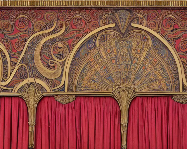 Image similar to mural from the early 1 9 0 0 s in the style of art nouveau, red curtains, art nouveau design elements, art nouveau ornament, brick wall, opera house architectural elements, mucha, masonic symbols, masonic lodge, ernst - ludwig - haus, darmstadt