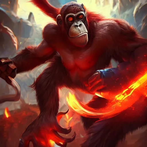 Prompt: league of legends splash art, an orangutan cyborg fights a balrog, high detail, artstation, artgerm