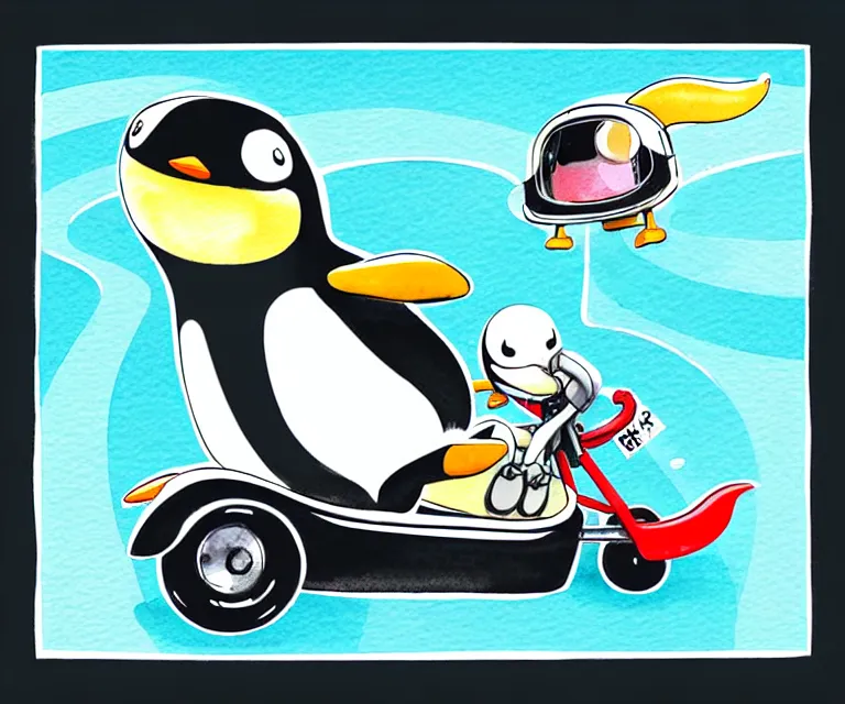 Image similar to cute and funny, penguin wearing a helmet riding in a tiny go kart with an oversized engine, ratfink style by ed roth, centered award winning watercolor pen illustration, isometric illustration by chihiro iwasaki, edited by range murata, tiny details by artgerm and watercolor girl, symmetrically isometrically centered, sharply focused