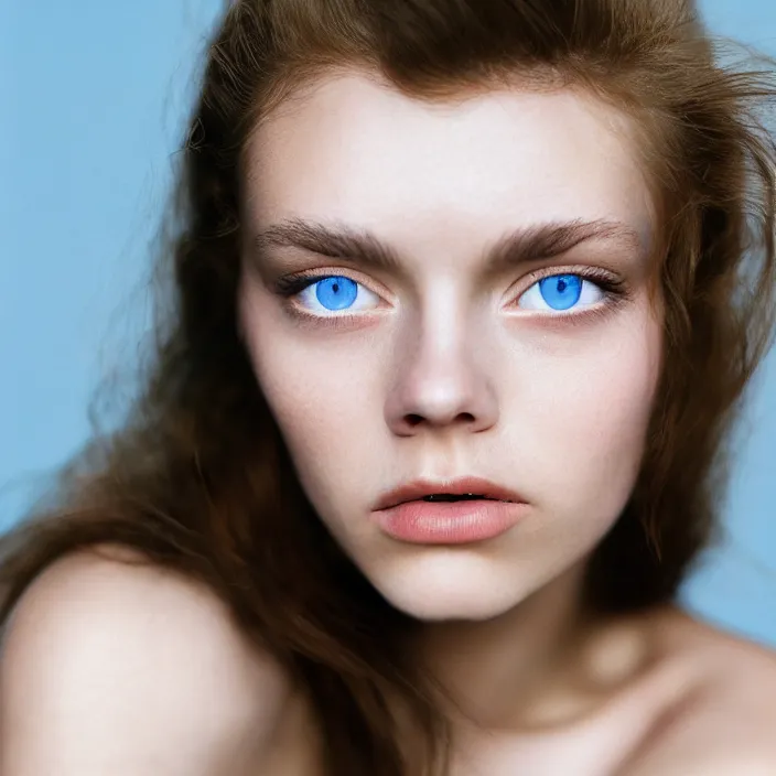 Prompt: Kodak Portra 400, 8K, highly detailed, britt marling style 3/4 extreme closeup portrait of a extremely beautiful girl with blue eyes and light brown hair, four fingers maximum, high light on the left, non-illuminated backdrop, illuminated by a dramatic light, dramatic , nina masic ,Flora Borsi, Alessio Albi, Steve Mccurry, Lee Jeffries , Norman Rockwell, Craig Mulins, dark background, high quality, photo-realistic, 8K