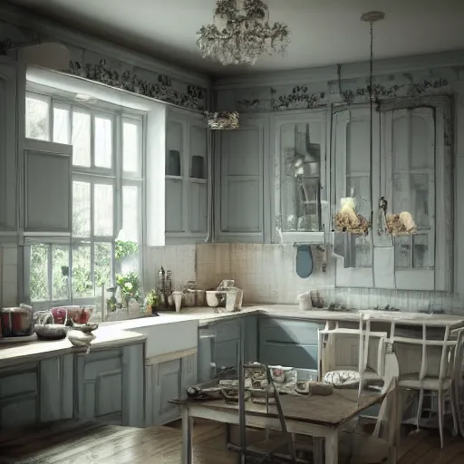 Image similar to a detalied 3 d render of a shabby chic kitchen, by valentin franke, ilya galinsky trending of artstation, photorealism