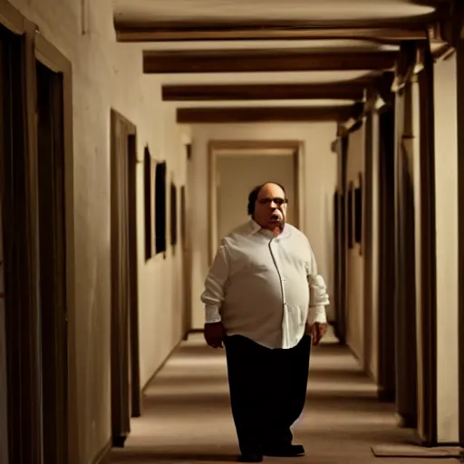 Prompt: danny devito staring at you from the other end of a dark corridor, the backrooms, kubric stare, scary, cinematic camera, hd