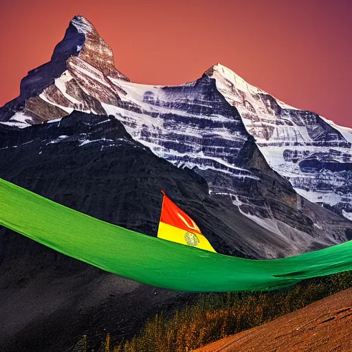 Image similar to indian flag projected illuminated on the matterhorn mountain at night, top is orange, middle white, bottom green