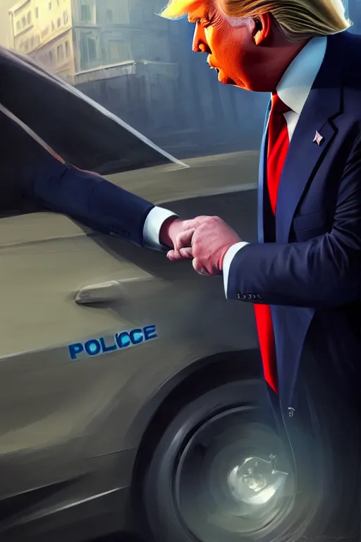 Image similar to donald trump being handcuffed in front of a police car, elegant, real life skin, intricate, high detailed, artstation, concept art, smooth, sharp focus, art by artgerm and greg rutkowski