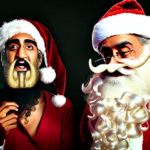 Image similar to uhd candid photo of bin laden and a b dressed as santa claus, making a bomb. correct faces, intricate details, hyperdetailed, accurate faces. photo by annie leibowitz