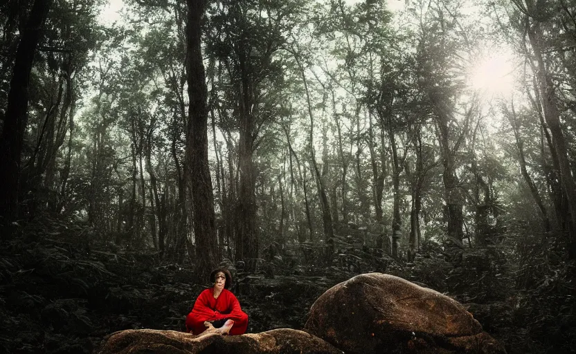 Prompt: a lonely wandering soul, resting in a forest sitting on a boulder, listening to the quiet and the breeze, smiling and looking up at the trees, by elizabeth gadd