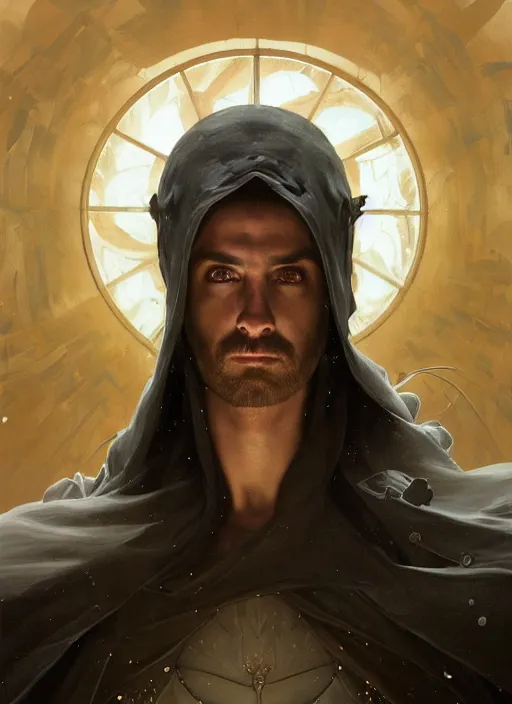 Image similar to Portrait of Sean Connery, white glowing eyes, black hair, cloak, ethereal wings, male, fantasy, extremely detailed, digital painting, artstation, concept art, smooth, sharp focus, illustration, stunning lighting, art by artgerm and greg rutkowski and alphonse mucha and simon stalenhag, realistic character concept, high fantasy, light atmosphere, golden ratio, cinematic lighting, hyperdetailed, high resolution, insanely detailed and intricate, artstation, Marc Simonetti, Greg Rutkowski, 8k