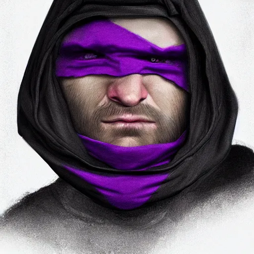 Image similar to ultra realistic illustration, man in a black hood, in a striped purple balaclava, mysterious, highly detailed, digital painting, artstation, concept art, smooth, sharp focus, illustration