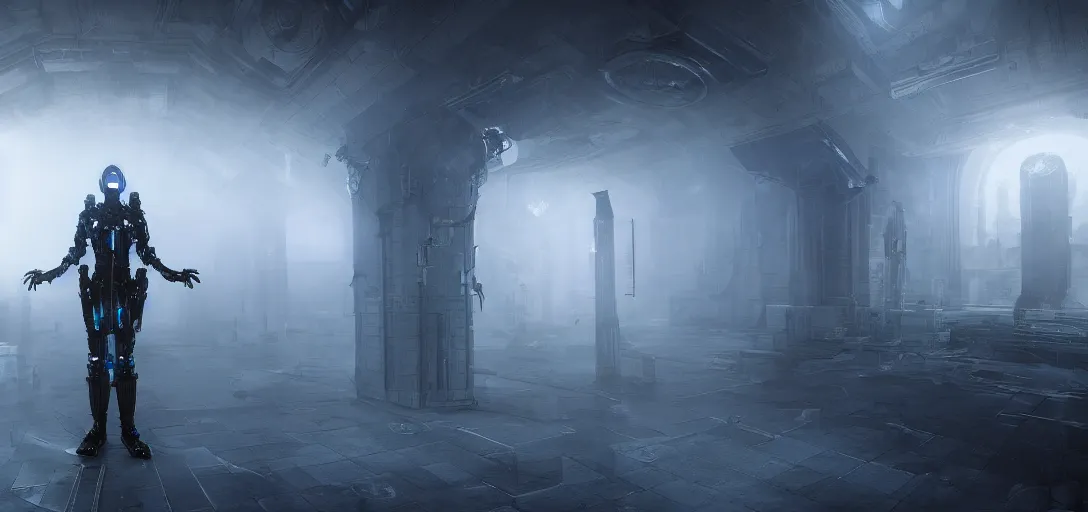 Prompt: scifi necromancer in a cyber tech mausoleum, unreal engine, octane render, realistic, cinematic post process and mist foggy, dramatic lighting, 4k detailed