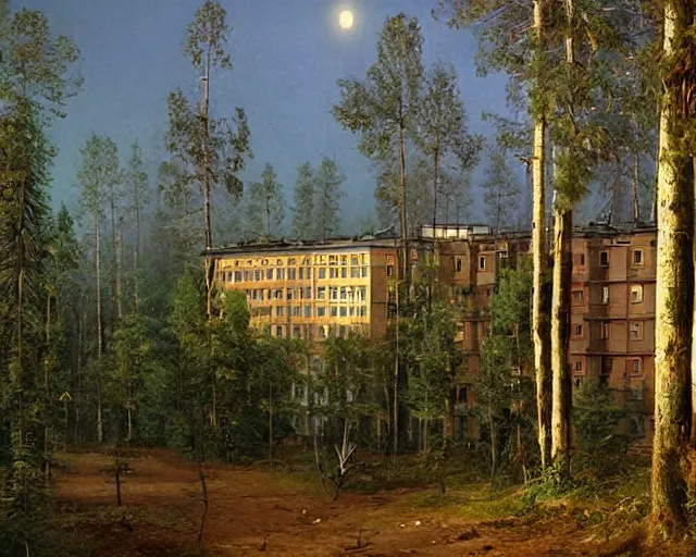 Prompt: beautiful matte painting of cute soviet block of flats in forest by ivan shishkin, bokeh
