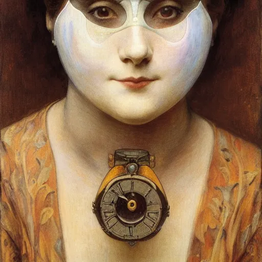 Image similar to a beautiful young clockwork girl wearing a bird mask, by annie swynnerton and diego rivera and elihu vedder, dramatic lighting, elaborate geometric ornament, head and shoulders view, soft cool colors, smooth, sharp focus, extremely detailed, adolf wolfli, donato giancola