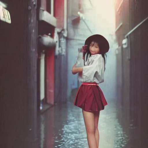 Image similar to 1990s perfect 8K HD professional cinematic photo of close-up japanese schoolgirl posing in sci-fi dystopian alleyway at morning during rain, at instagram, Behance, Adobe Lightroom, with instagram filters, depth of field, taken with polaroid kodak portra