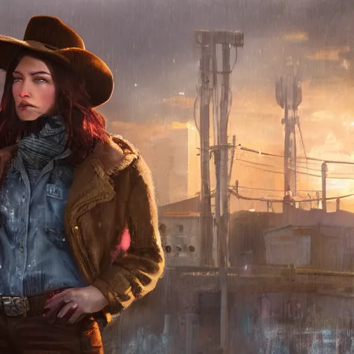 Prompt: fallout 5, charismatic beautiful, rugged, brunette female protagonist wearing a cowboy - hat, portrait, outdoors ruined cityscape, atmospheric lighting, painted, intricate, volumetric lighting, beautiful, daytime, harsh winter weather, sharp focus, deep colours, ultra detailed, by leesha hannigan, ross tran, thierry doizon, kai carpenter, ignacio fernandez rios