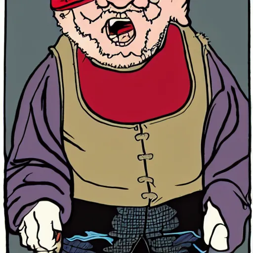 Image similar to george rr martin in a cartoon with screaming chucky doll