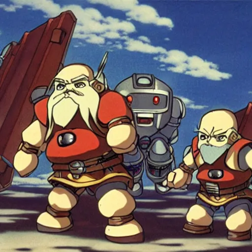 Image similar to dwarves fighting robots, anime by Hayao Miyazaki