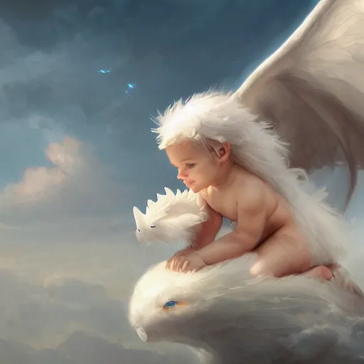 Prompt: a whimsical portrait of a little baby angel on a cute white dragon floating in the sky by Greg Rutkowski, ultra realistic, photorealistic 8k, cinematic lighting, HD, high detail, atmospheric, trending on artstation