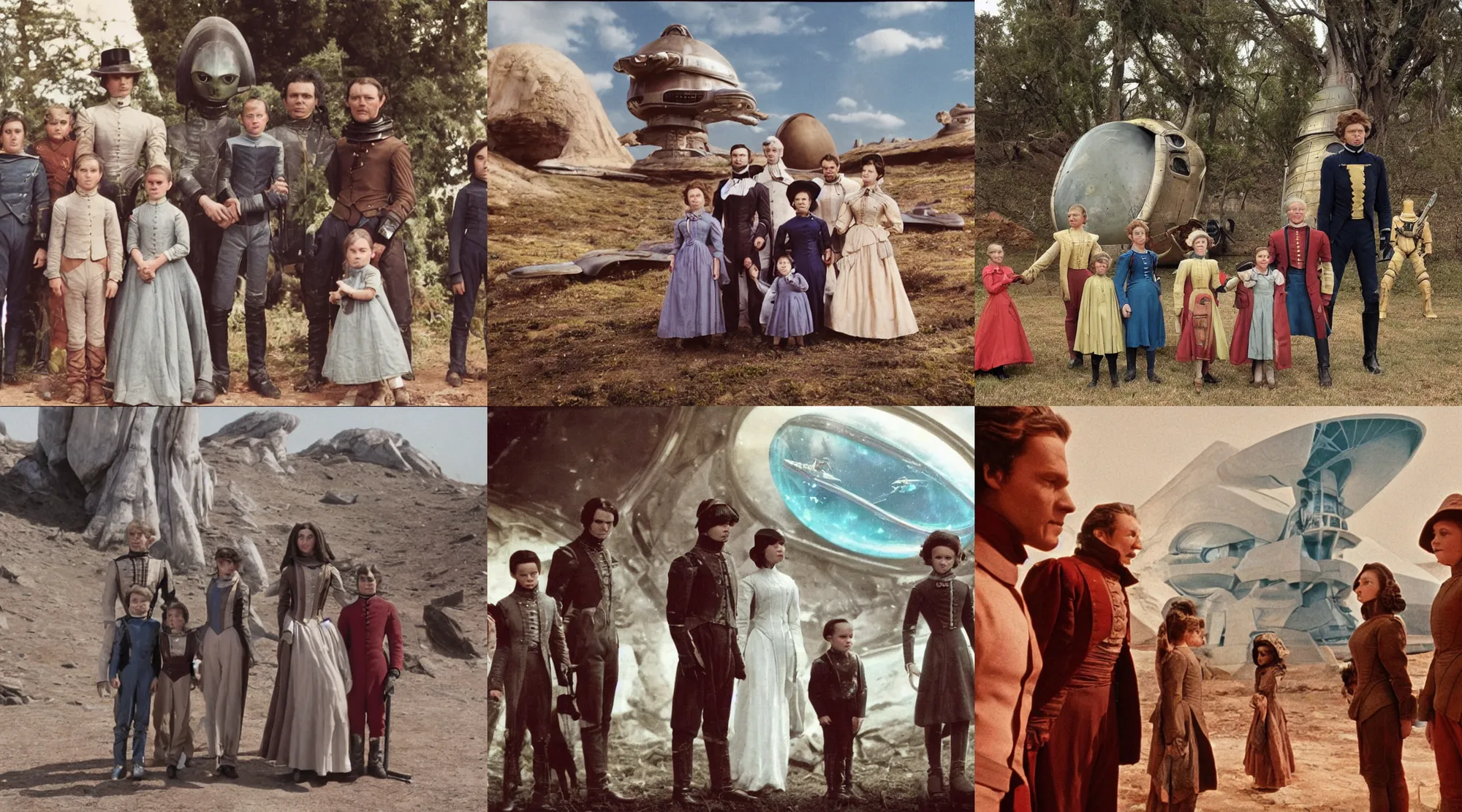 Prompt: sharp, 35mm still from a sci fi blockbuster color movie made in 2022, set in 1860, of a family standing in front of a spaceship that has just landed on an alien planet, a humanoid alien creature stands nearby, the family are all wearing 1850s era clothes, 4k, in focus, extremely good quality lighting, good quality photography, A list cast, famous actors, famous actresses, oscar winner