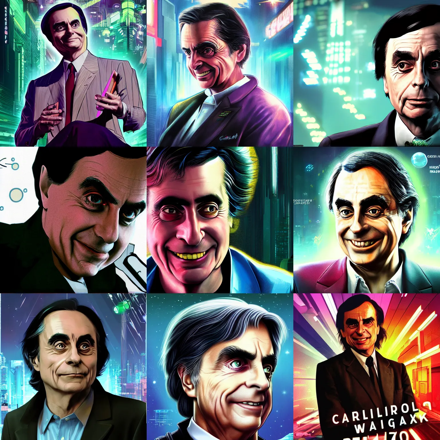 Prompt: joking carl sagan portrait in cyberpunk 2 0 7 7 3 8 4 0 x 2 1 6 0 cosmos