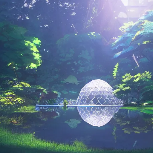 Image similar to geodesic dome in front of a lake with gardens and waterfall, gapmoe kuudere moody lighting stunning bokeh highlights sharp contrast | trending pixiv fanbox | by greg rutkowski makoto shinkai takashi takeuchi studio ghibli