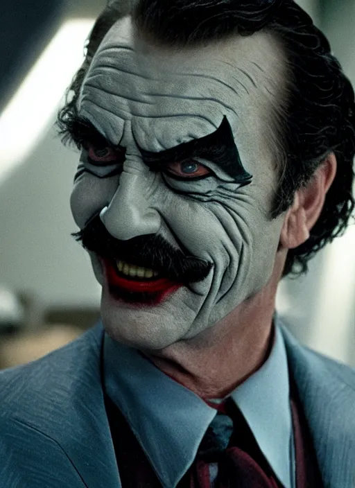 Image similar to film still of tom selleck as the joker in the dark knight, 4 k