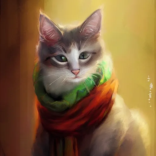 Prompt: head and shoulders masterpiece portrait of a cute adorable cat wearing a scarf, surreal background, digital art by Krenz Cushart, trending on artstation, cgsociety,