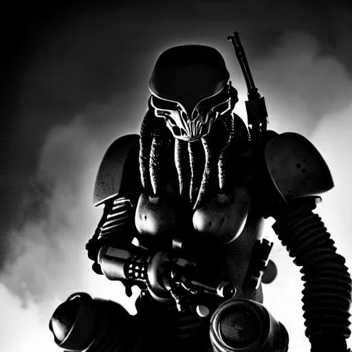 Image similar to black and white photo, cyberpunk rock golem as a soldier smoking a cigarette, still from the movie predator, still from the movie starship troopers, fog, dramatic lighting, cinematic, 4 k, full body shot, spotlight from above, rim lighting, full body photograph, sharp, cyberpunk, bladerunner, extreme detail, light rain, trending on artstation, spot light