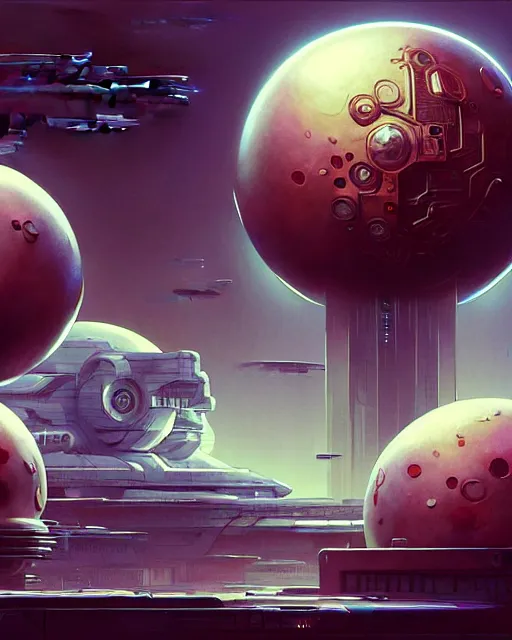 Image similar to Full shot of a spaceship defined factory features, intricate abstract. Fusion reactor spheres. cyberpunk, symmetrical design features. By Richard Corben By Ruan Jia and Artgerm and Range Murata and WLOP and Ross Tran and William-Adolphe Bouguereau and Beeple. Key Art. Fantasy Illustration. award winning, Artstation, intricate details, realistic, Hyperdetailed, 8k resolution.